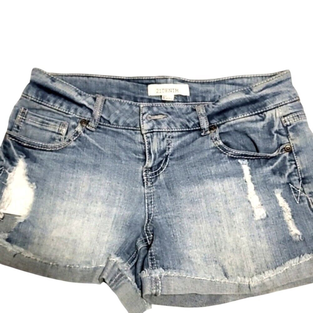 21Denim Distressed Denim Shorts Ripped Raw Hem Casual Blue Size 12